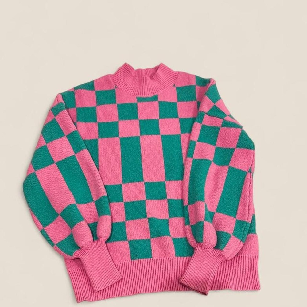 ZESICA Pink Green Checkerboard Knit Sweater Women Small Mock Neck Balloon Sleeve
